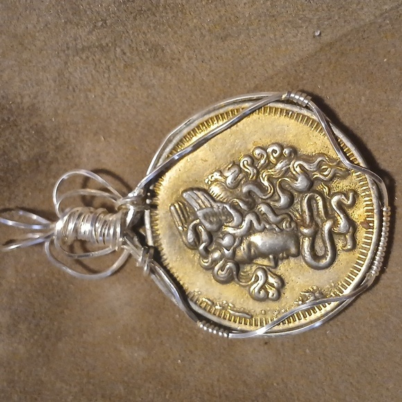 Rare Unique Medusa Coin Pendant Wrapped In Sterling Silver Wire. Sterling Silver - Picture 2 of 8